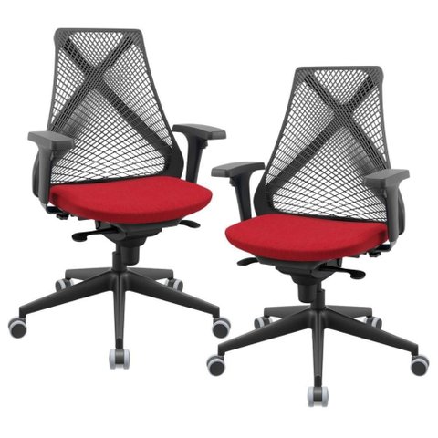 Kit 02 Cadeiras de Escritório Giratória Presidente Unix P03 Tela Cinza Crepe Vermelho - Lyam Decor