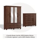 Ver imagem 4 de Conjunto Guarda Roupa 4 Portas + Cômoda 5 Gavetas 100% Madeira Maciça - Linha Ouro Finestra Móveis Marrom/Café