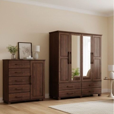 Conjunto Guarda Roupa 4 Portas + Cômoda 5 Gavetas 100% Madeira Maciça - Linha Ouro Finestra Móveis Marrom/Café