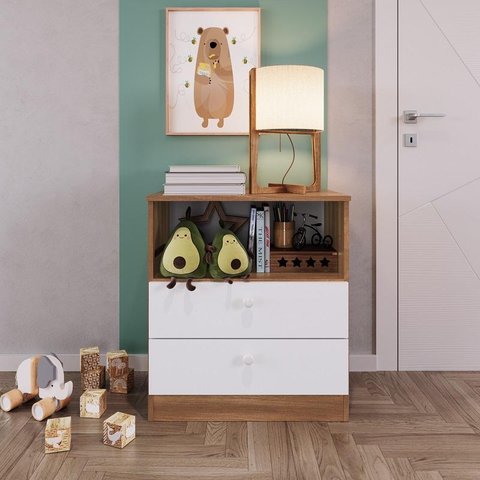 Cômoda Infantil 02 Gavetas com Nicho 60,8cm Linha Aconchego La005 Completa Móveis - Nogal/branco