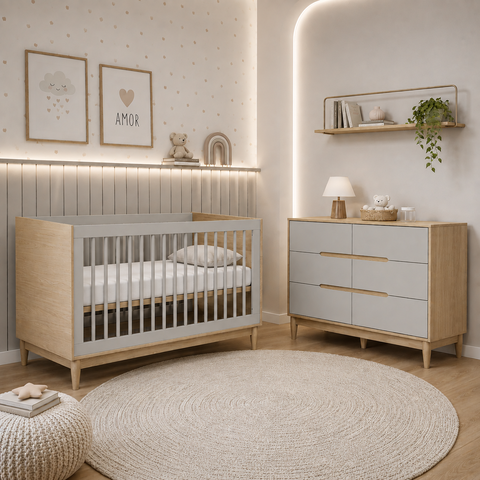 Berço com Cômoda Infantil Cinza com Carvalho Linha Tomi Quater