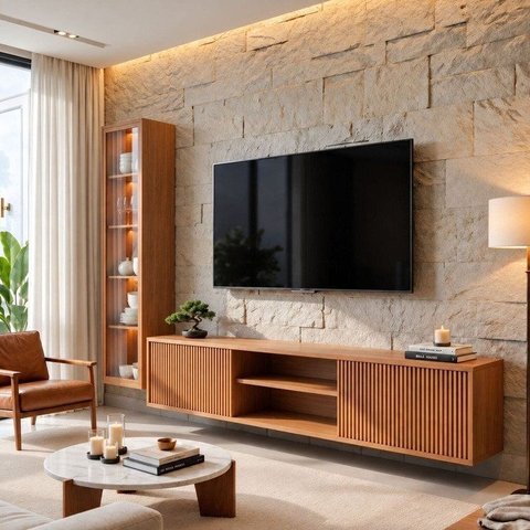 Conjunto Cristaleira Porta de Vidro com LED e Rack Ripado Suspenso 100% MDF Zeus