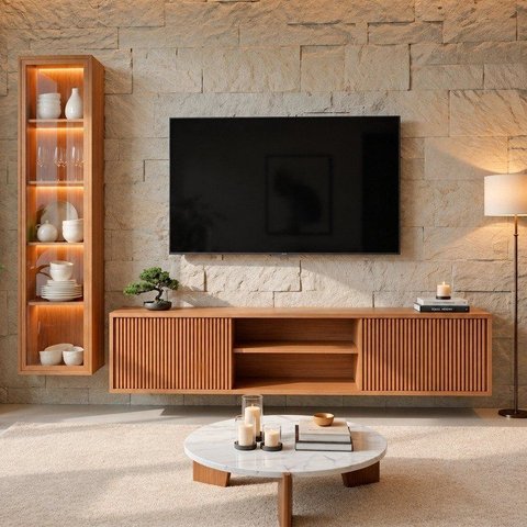 Conjunto Cristaleira Porta de Vidro com LED e Rack Ripado Suspenso 100% MDF Zeus