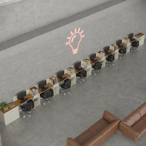 Conjunto de Escritório Noruega 7 Livreiro 2 Buffet e 8 Mesas 90cm - Via Nossa - Off White e Cedro