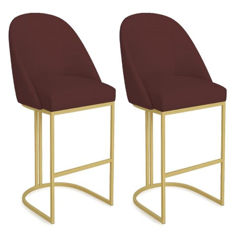 Kit 02 Banquetas Altas Bela Suede Base Metálica Industrial Dourado - Pallazio Cor:Marsala