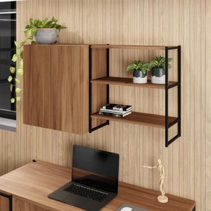 Armário Aéreo 60cm 2 Portas e Nicho 3 Prateleiras F5 Office Cor:nogal com Preto