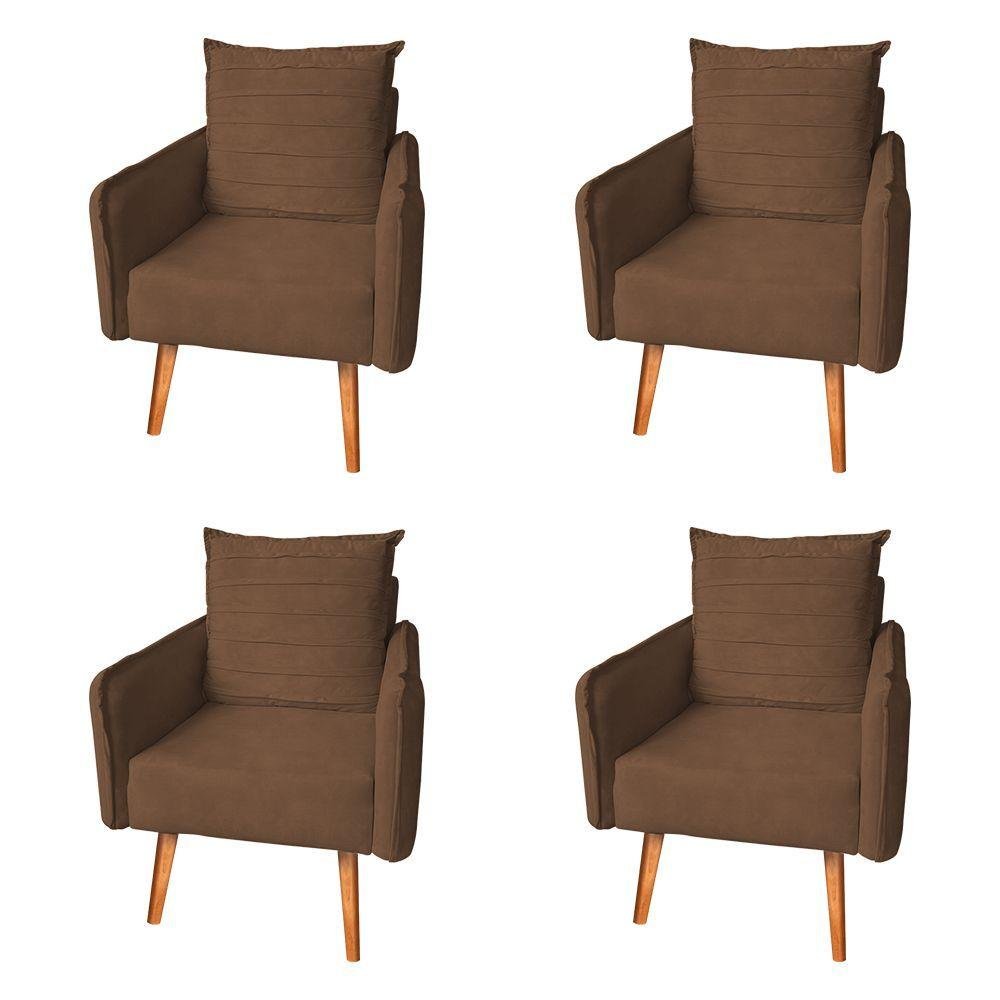 Kit 4 Poltronas Mandara para Recepção Pés Palilto Suede Marrom - Marrom