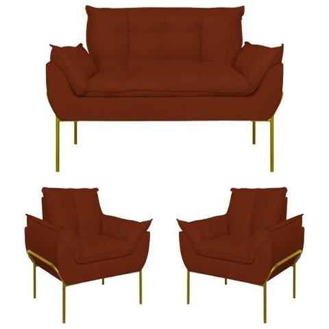 Kit 2 Poltronas + Namoradeira Pé Metal Dourado Recepção Sala Terracota