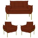 Ver imagem 1 de Kit 2 Poltronas + Namoradeira Pé Metal Dourado Recepção Sala Terracota