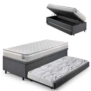 Bicama Box Baú Solteiro Linho Cinza 88x188 com Colchão Hanover Molas Ensacadas Inducol