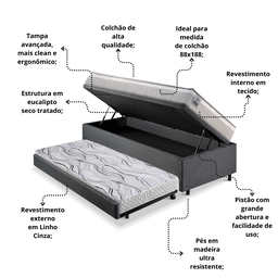 Bicama Box Baú Solteiro Linho Cinza 88x188 com Colchão Hanover Molas Ensacadas Inducol - 5