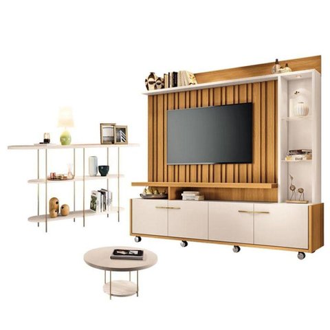 Estante Home Theater Titan Off White Cinamomo e Aparador Infinity e Mesa de Centro Sky Off White -