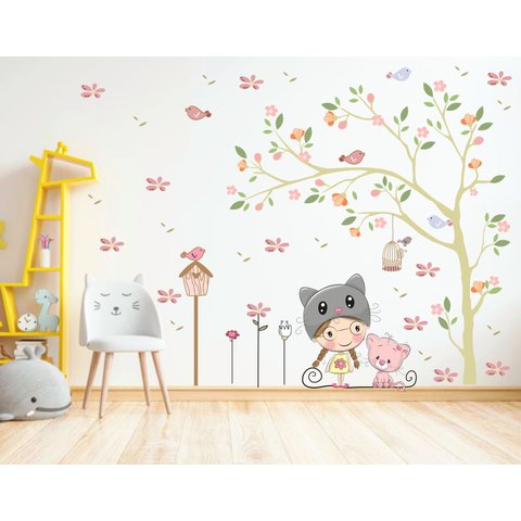 Adesivo de Parede Infantil Menina Gatinho e Árvore