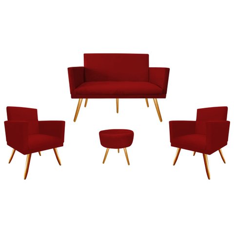 Kit Namoradeira + 2 Poltronas Decorativa Nina + Puff Redondo Suede Vermelho Pés Madeira Mz Decor