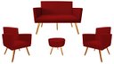 Ver imagem 1 de Kit Namoradeira + 2 Poltronas Decorativa Nina + Puff Redondo Suede Vermelho Pés Madeira Mz Decor