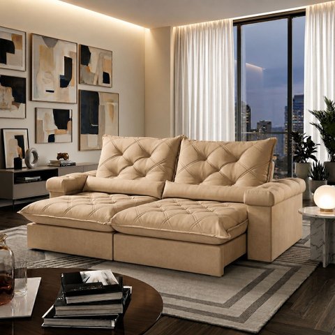 Sofá Veneza Retrátil Reclinável 220cm - Bege