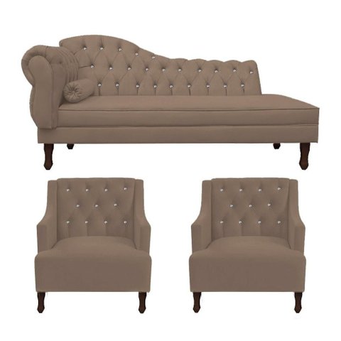 Kit Divã Cancun 140cm Braço Direito + 2 Poltronas Genesis com Strass Suede: Capuccino