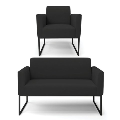 Sofá Namoradeira com Poltrona Base Industrial Preto Marisa Veludo Preto D03 - D'Rossi