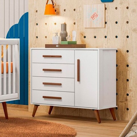 Cômoda Sapateira 4 Gavetas 1 Porta Q Encanto Retrô Mdf: Branco