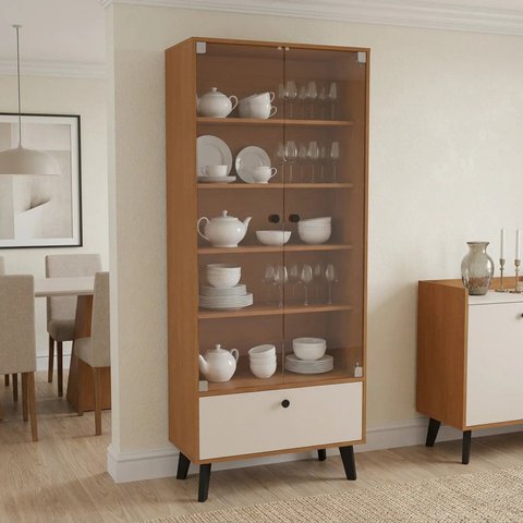 Cristaleira 2 Portas de Vidro e 1 Gaveta 178x75cm Creme/Freijó Marrom Londres