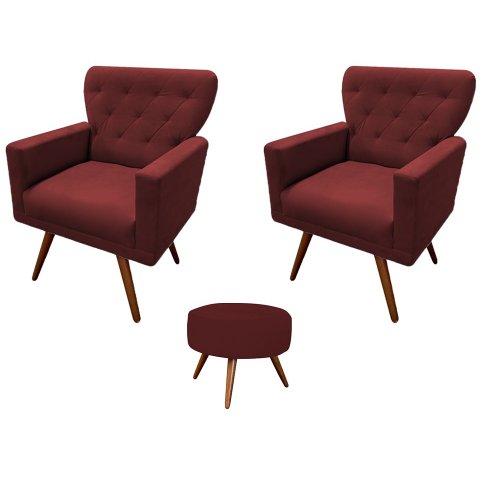 Kit 2 Poltronas Decorativa Aurora + 1 Puff Redondo Suede Marsala Pés Madeira Ms Decor