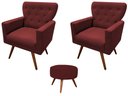 Ver imagem 1 de Kit 2 Poltronas Decorativa Aurora + 1 Puff Redondo Suede Marsala Pés Madeira Ms Decor