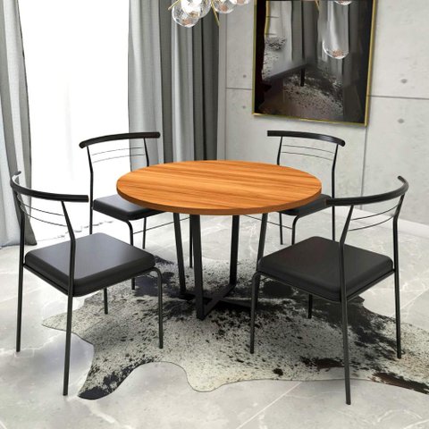 Kit Mesa de Jantar 1,10m + 4 Cadeiras Metal Industrial F5 Cor:freijó com Preto