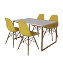 Ver imagem 1 de Mesa Industrial Base Ferro Cobre Tampo 137x90 Branco 4 Cadeiras Eames Madeira Assento Amarelo