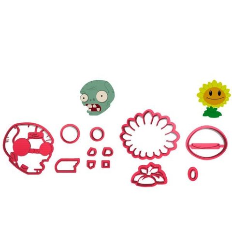 Kit Cortadores Pasta Americana Plantas Vs Zumbis com Cabeça do Zumbi e Planta Flor 2pc:5,5cm