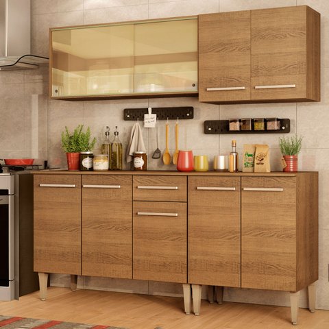 Cozinha Completa Madesa Emilly Drive com Balcão e Armário Aéreo Reflex Rustic Cor:Rustic