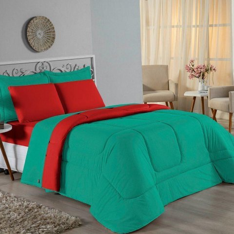 Edredom Solteiro Nobre 1 Peça Dupla Face 1,60m X 2,40m Malha 100% Algodão - Jade / Vermelho