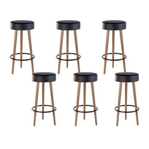 Kit 6 Banquetas Banco Alto Londres Couro Preto Bar Cozinha Pés Madeira Mz Decor