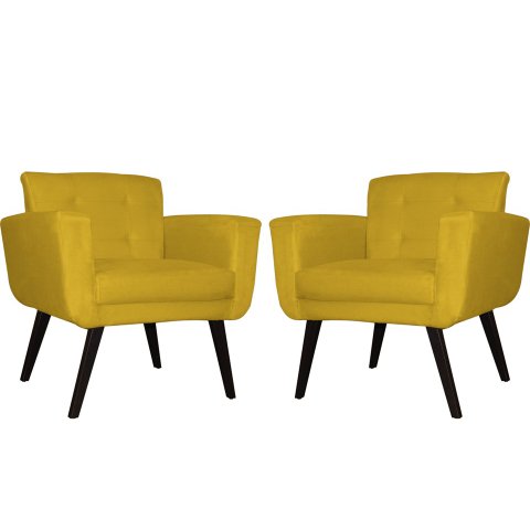 Kit 2 Poltronas Decorativa Geovana Couro Amarelo Pés Madeira Mz Decor