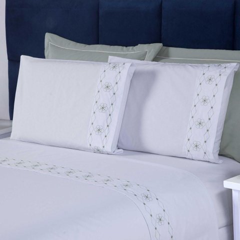 Jogo de Cama Damasco King 4 Peças 100% Poliéster 200 Fios - Branco-cinza