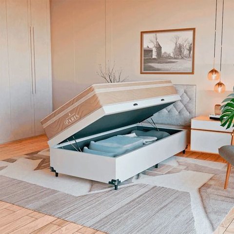 Cama Box Baú Solteiro + Colchão Paris Molas Ensacadas Bege Couro Branco/bege