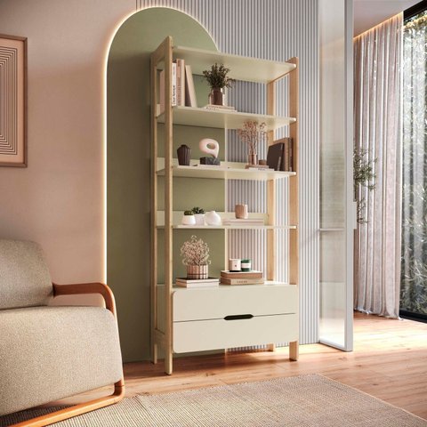 Estante de Livros 100% MDF 81CMX183CM 2 Gavetas e 4 Prateleiras Elvis Bege/Off White/Carvalho