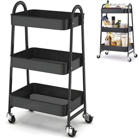 Prateleira de Metal Multiuso 3 Andares com Rodinhas - Organização e Praticidade Cor:preto