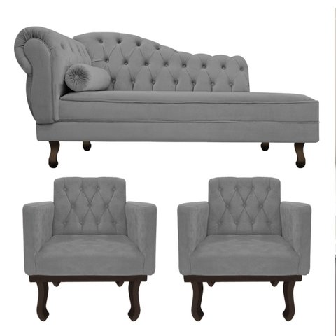 Kit Diva Recamier Diana 160cm Lado Direito e 02 Poltronas Classic Suede Cinza - ADJ Decor