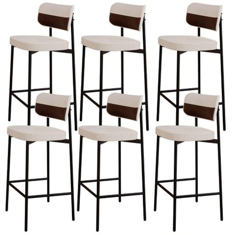 Kit 06 Banquetas Alta Bar Cozinha Sala de Jantar Aço Preto Kaira C01 Linho Palha Courino Whisky -
