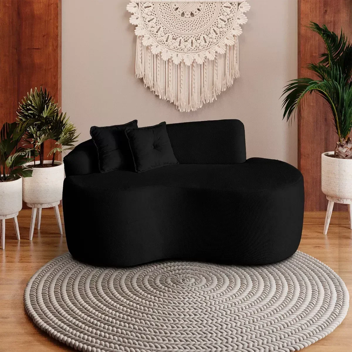 Sofá Curvo Feijão Pequeno 2 Lugares Moderno Forma Orgânica Bouclé Preto - 7