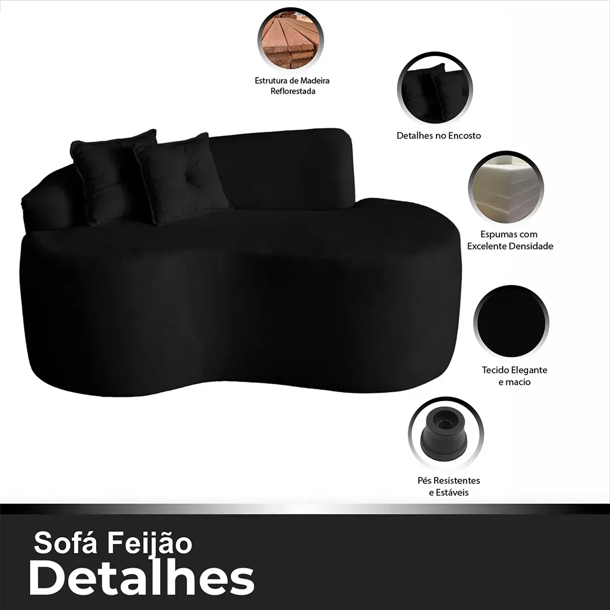 Sofá Curvo Feijão Pequeno 2 Lugares Moderno Forma Orgânica Bouclé Preto - 8