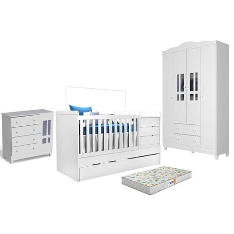 Quarto de Bebê Ariel 4 Portas com Berço Americano Multifuncional Cleo Branco com Colchão Gazin - Car