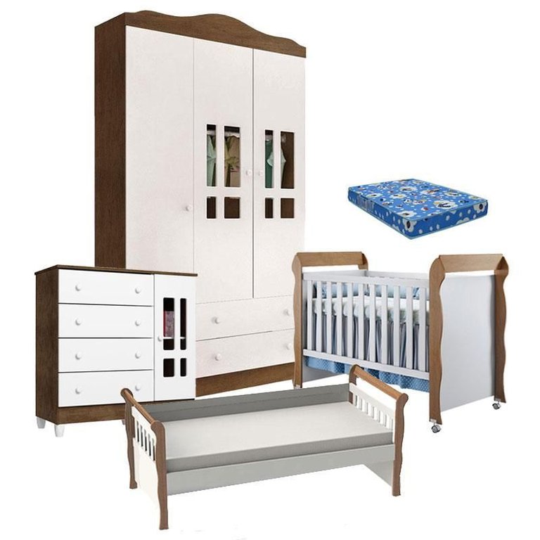 Quarto de Bebê Ariel 3 Portas Berço Mirelle com Colchão e Cama Babá Julia Branco Acetinado Amadeirad