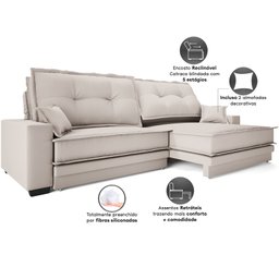 Sofá Palermo 2,80m Retrátil e Reclinável Velosuede Areia - Netsofás - 6