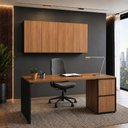 Ver imagem 1 de Mesa Escrivaninha com Balcão Lateral e Armários Aéreos 170cm MDP Nogal e Preto F5 Office