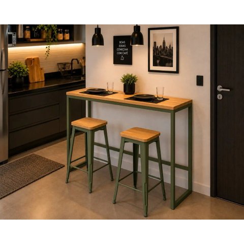 Mesa Jantar Aparador Bancada Alta Industrial 190x80cm Tampo Natural Pés Verde-Musgo