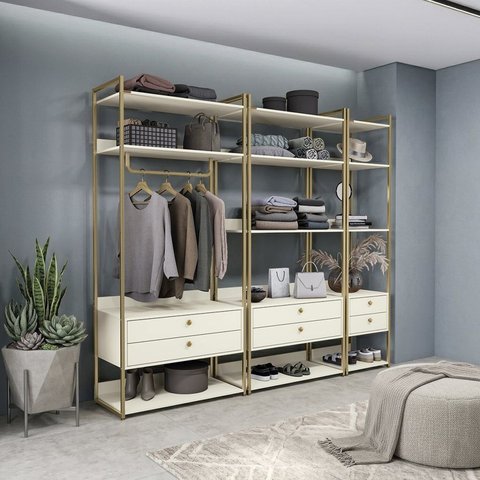 Kit Dormitorio 6 Gavetas e 1 Cabideiro Industrial Branco/Off White/Dourado