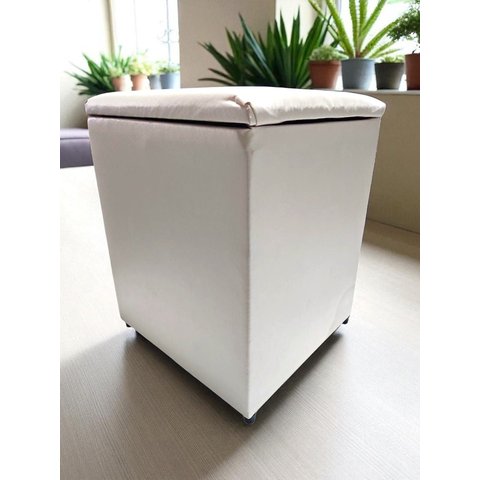 Puff Baú Banqueta Quadrado Cubo Decorativo Courino e Suede Bege Liso Courino