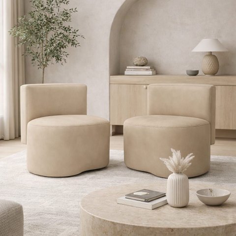 Kit 2 Puff Feijão Com Encosto Orgânico Curvo Redondo Sala Quarto Resistente Confortável Linho:Suede 