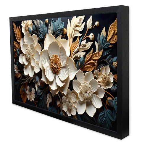 Quadro Decorativo Floral Luxo Flores Tons de Ouro e Azul em Moldura Caixa Tacolado Moldura Caixa Alt